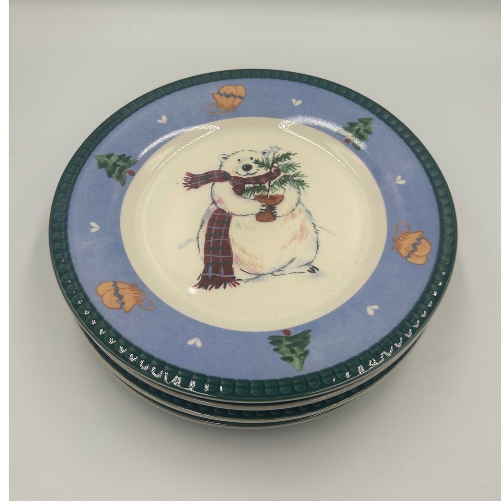 Pfaltzgraff Christmas Heritage Polar Bear Salad Plate Set of 4 Blue Green 8in